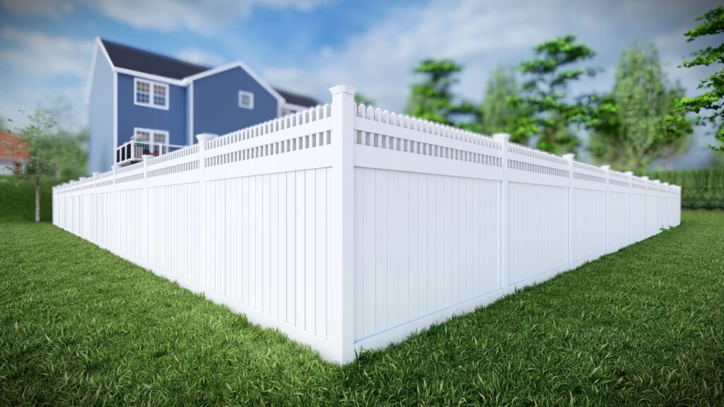 Vinyl privacy fence with a picket top, 6 feet high, Rhode Island.