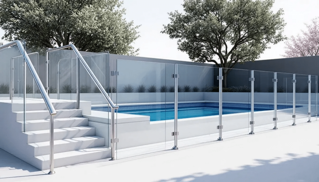 Custom pool fence installation in a backyard setting.